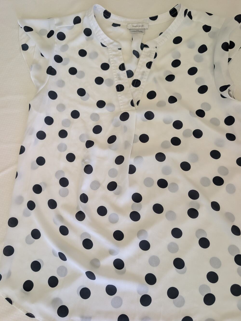 Van Heusen Women's Large Cap Sleeve Sheer White Polka Dot V Neck, Elegant